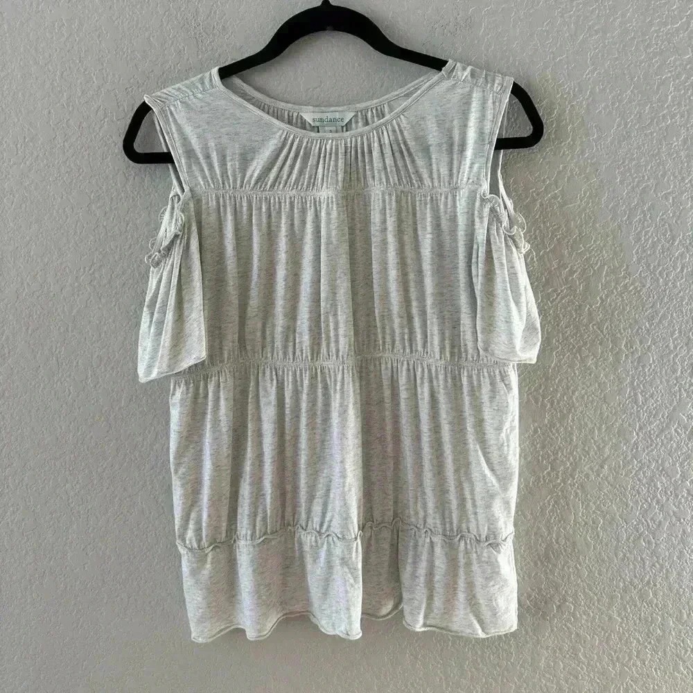 Sundance 'Adelaide' Grey Shoulder Cut Out Smocked Ruffle Top Size Small